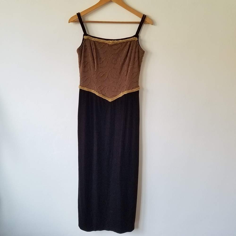 Vtg Y2K Velvet Mesh Square Neck Grunge Whimsigoth Midi Brown Dress - Picture 2 of 16